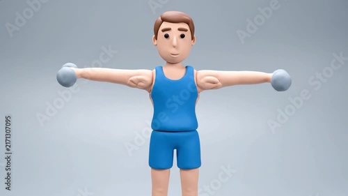 Claymation Man Exercising with Dumbbells in Blue Athletic Wear.