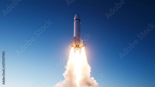 Powerful Rocket Launching into the Sky with Fiery Exhaust and Clouds.
