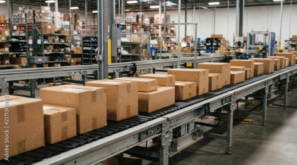 Fototapeta premium Cardboard boxes on conveyor belt in modern warehouse fulfillment center