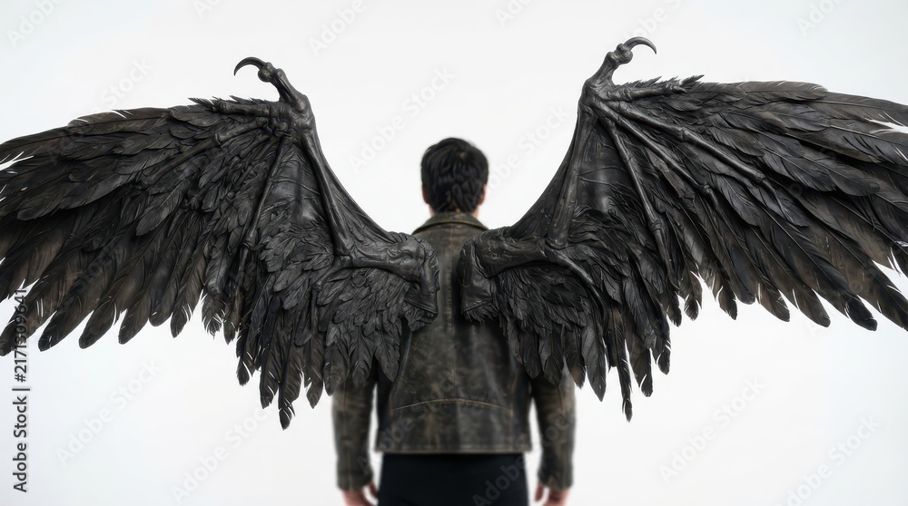 Obraz premium Man with large dark feathered wings resembling a mythical creature or fallen angel