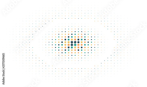 Elliptical halftone pattern with teal and orange dots on a white background, varying circle sizes, abstract geometric center focus