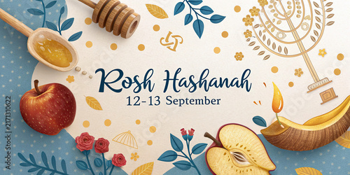 Rosh Hashanah Jewish New Year Celebration with Apple Honey Shofar and Festive Symbols
