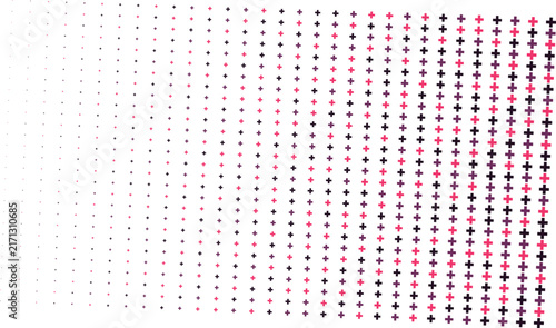 Gradient pattern of small plus signs in dark purple and pink colors arranged in a grid on a white background, for digital texture