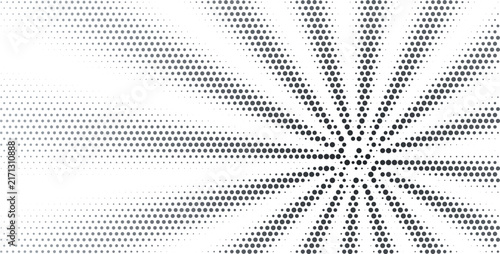 Grey circular halftone dots arranged in a radial sunburst pattern emanating from the center fading towards the left on a white background