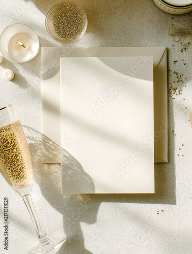Blank wedding invitation card mockup with envelope on textured background. Champagne glass and candles in warm sunlight shadows layout. Elegant celebration stationery