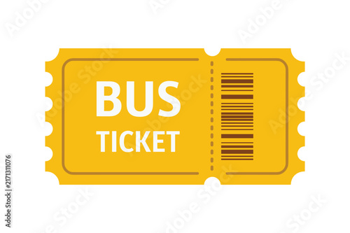 Bus Ticket Design: A yellow bus ticket with perforated edges, featuring BUS TICKET text and a barcode, representing travel and transportation.