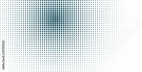 Abstract background, with a gradient, of dark blue, squares forming a, halftone grid pattern, that fades out, across a clean, white background