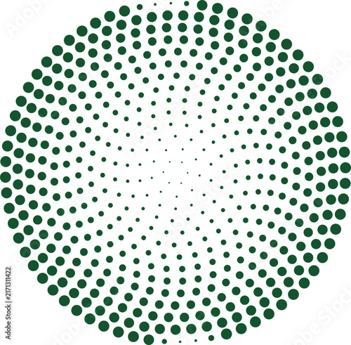 Abstract circular halftone pattern with dark green dots arranged in a spiral radial formation on a clean white background, for visuals