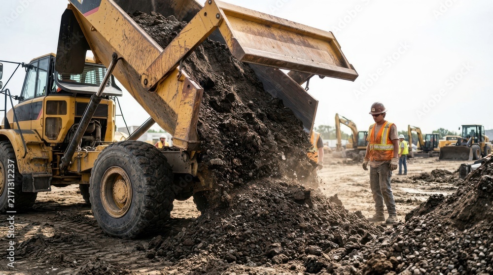 Fototapeta premium Dump truck dumping soil at construction site with worker