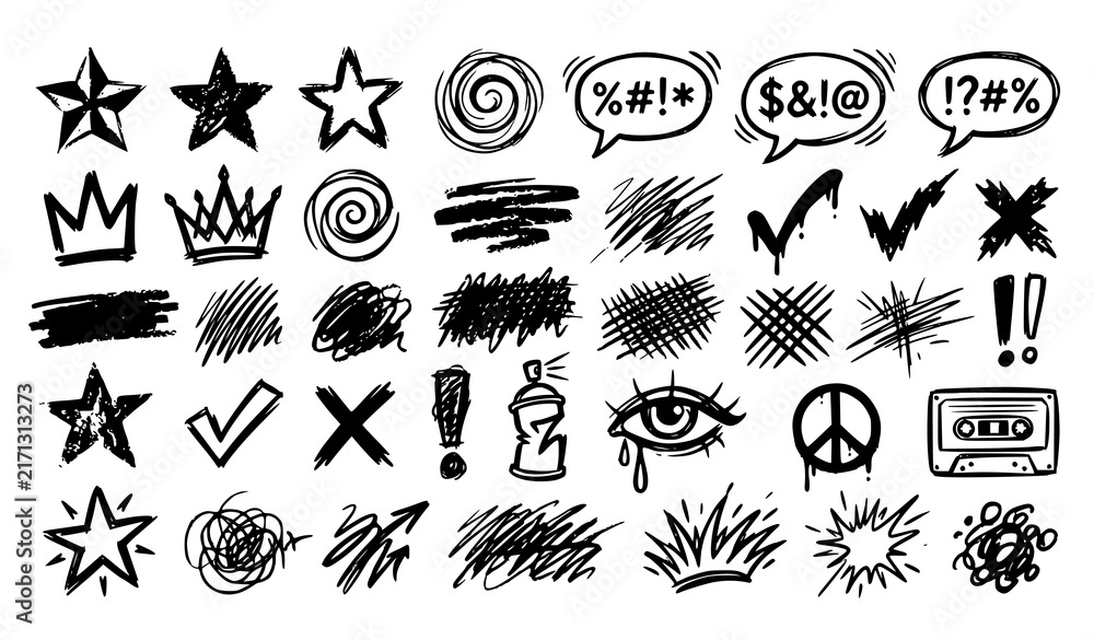 Fototapeta premium Monochrome Hand Drawn Graffiti Scribble Icons Editable Vector Collection
