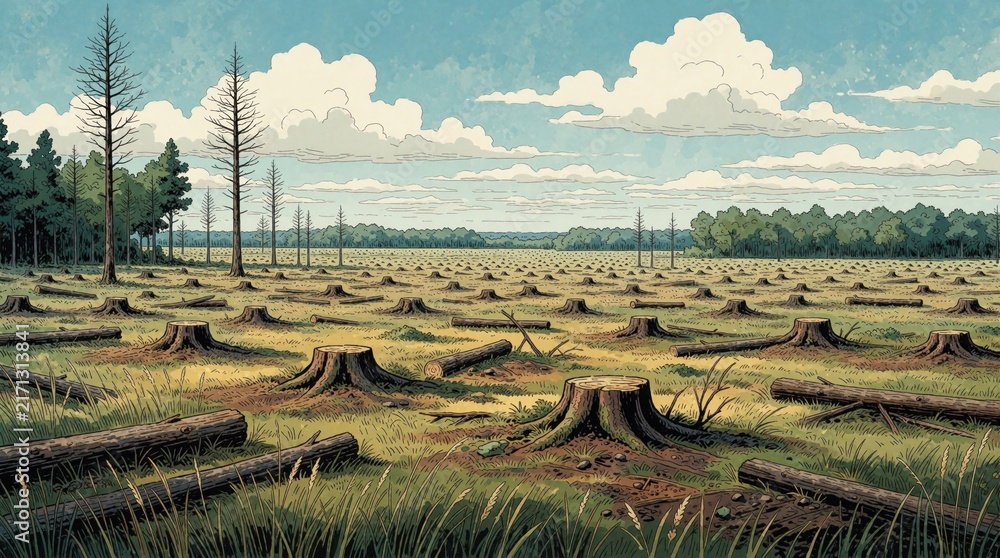 Naklejka premium Large deforested field with many tree stumps, fallen logs. Cleared forest area under blue sky with white clouds. Environmental destruction from logging wildfire leaves bare land. Climate change,
