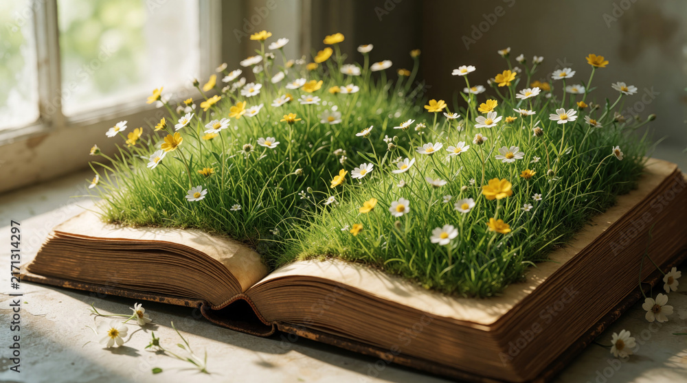 Fototapeta premium Open vintage book with green grass, small wildflowers growing from pages. Spring meadow grows inside old literature. Creative concept of imagination, growth, nature connection through reading. Sun