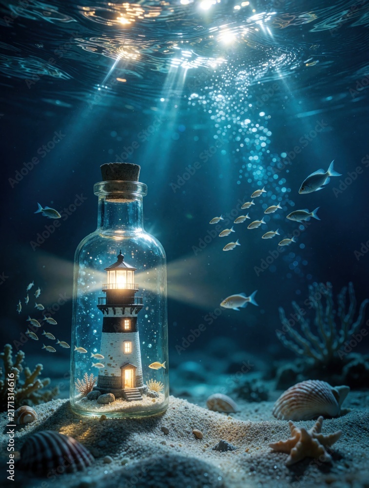 Fototapeta premium Miniature lighthouse in glass bottle underwater on seabed. Fish swim around light beam from beacon. Sun rays filter through ocean water. Sandy bottom with shells.