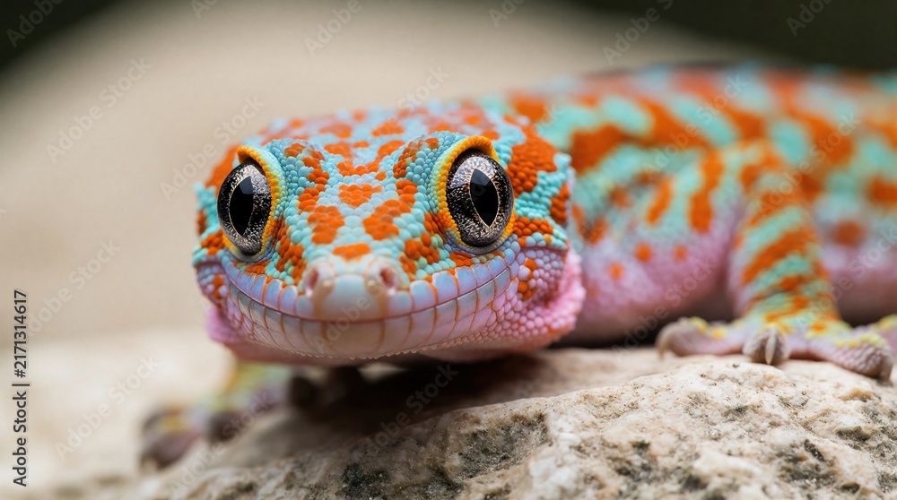 Naklejka premium Colorful gecko rests on textured rock with large detailed eyes. Reptile shows vibrant skin patterns of orange and blue. Wildlife creature in natural habitat. Macro animal photo.