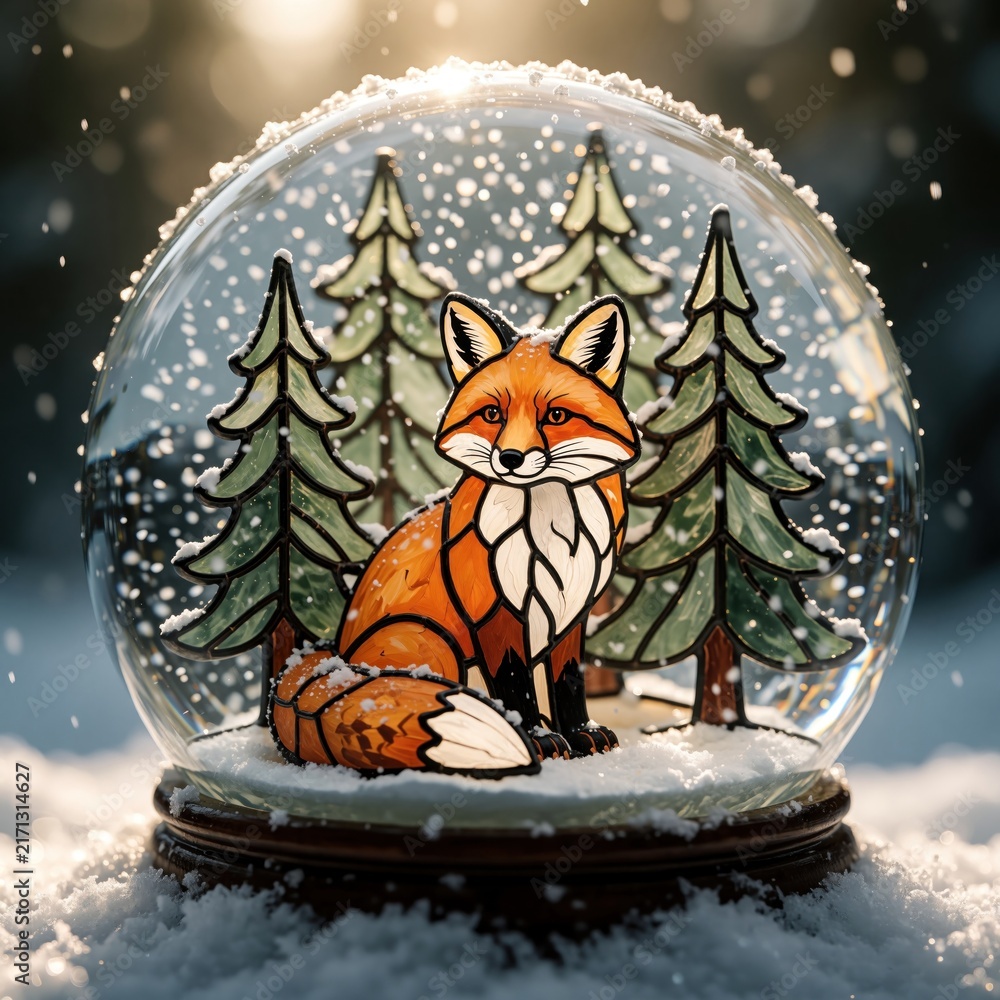 Naklejka premium Glass snow globe with orange fox inside winter forest. Miniature fox sits among pine trees under falling snow. Magical decorative ornament with whimsical wildlife scene on white snowy surface during