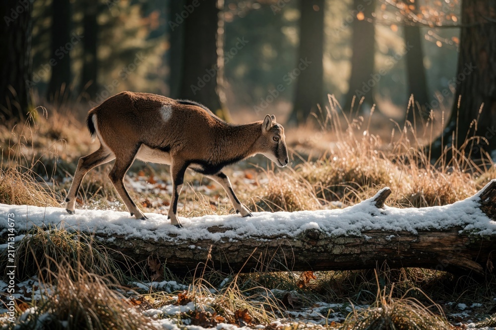 Naklejka premium Female mouflon walks on a snow covered tree trunk in a forest during winter. Warm sunlight filters through trees illuminating dry grass and sparse snow patches.