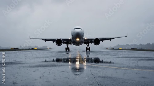 Airplane Landing on Wet Runway During Overcast Day.