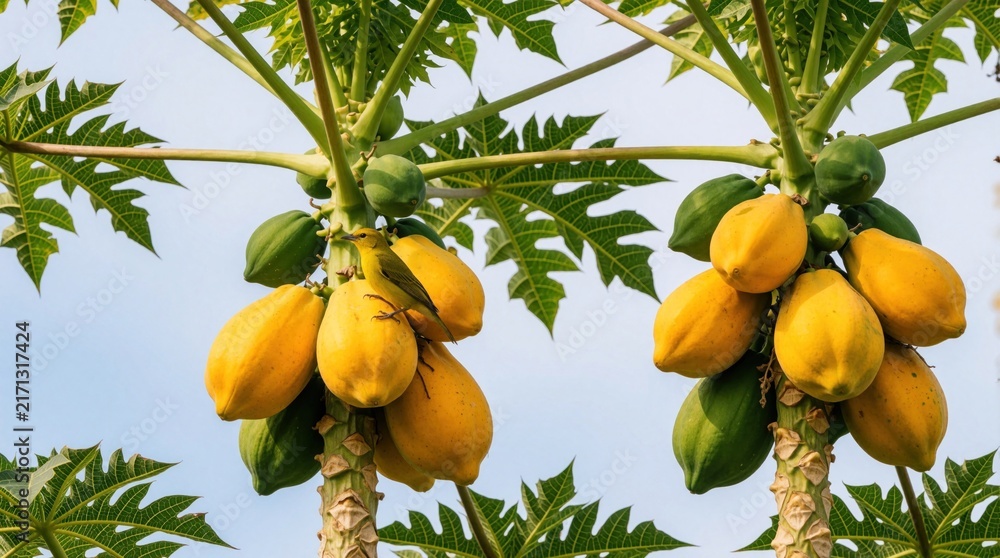 Obraz premium Small bird eats ripe yellow papaya fruit hanging on tree branch. Green unripe fruits and large leaves surround the bounty. Clear sky provides natural light for scene.