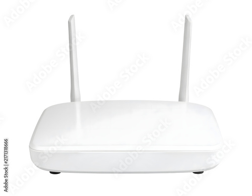 Front view of a modern white WiFi router with a sleek minimalist design and multiple antennas,, ideal for technology, home networking, and internet connectivity themes.