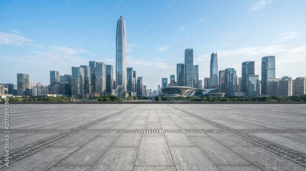 Naklejka premium Modern city skyline with empty stone floor plaza