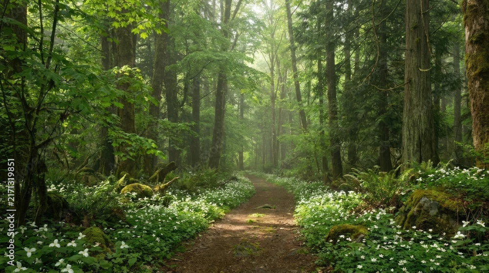 Fototapeta premium Forest trail lined with white wildflowers in morning sunlight