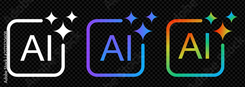 Artificial intelligence AI icon vector set displays linear frames with glowing sparkle stars. Modern smart technology generator logo symbols are isolated on a dark transparent grid background.