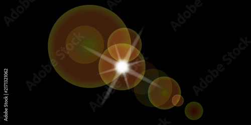 Bright lens flare light effect vector displays glowing sunburst starburst with circular bokeh rings. Golden transparent beam element is isolated on a black background.