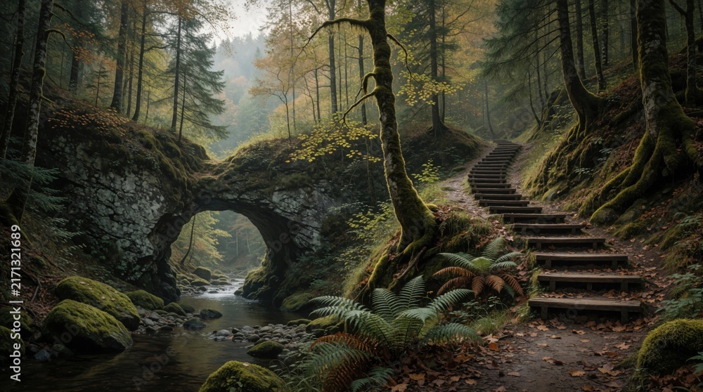 Naklejka premium Mystic forest landscape with ancient stone arch over small creek. Wooden stairs lead through mossy woods, dense ferns. Natural rocky bridge connects green hills in foggy valley. Peaceful wild nature
