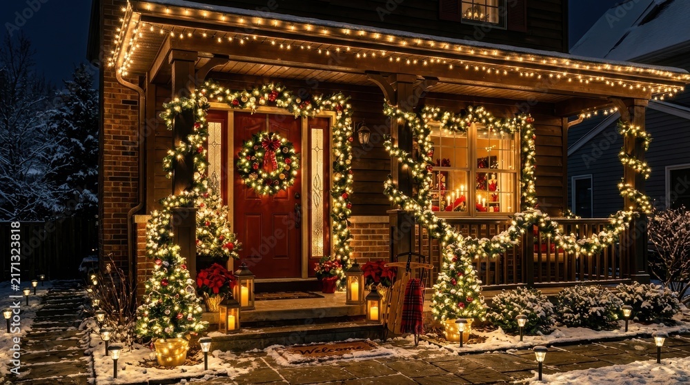 Fototapeta premium House porch decorated with Christmas lights and festive ornaments at night