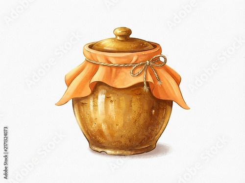 A rustic ceramic honey pot with a lid, covered with an orange cloth tied with a string, isolated on white background