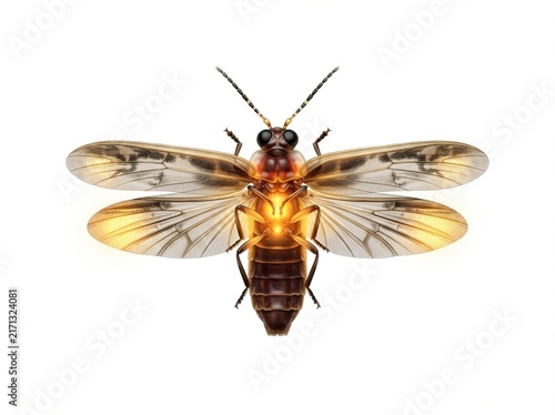 Realistic illustration of a glowing firefly with translucent wings, isolated on white background