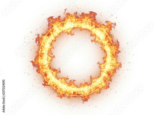 A circular ring of bright orange and yellow flames isolated on white background
