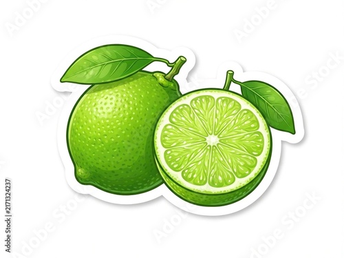 Fresh whole lime and a sliced half with green leaves isolated on white background