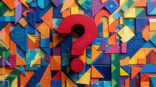 Red question mark on colorful geometric mosaic background