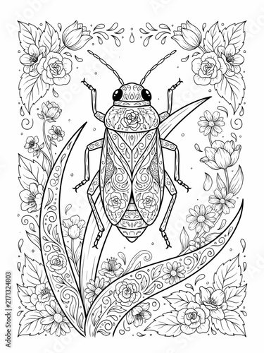 Ornamental spittlebug insect on a grass blade adult coloring page with floral pattern line art vector illustration