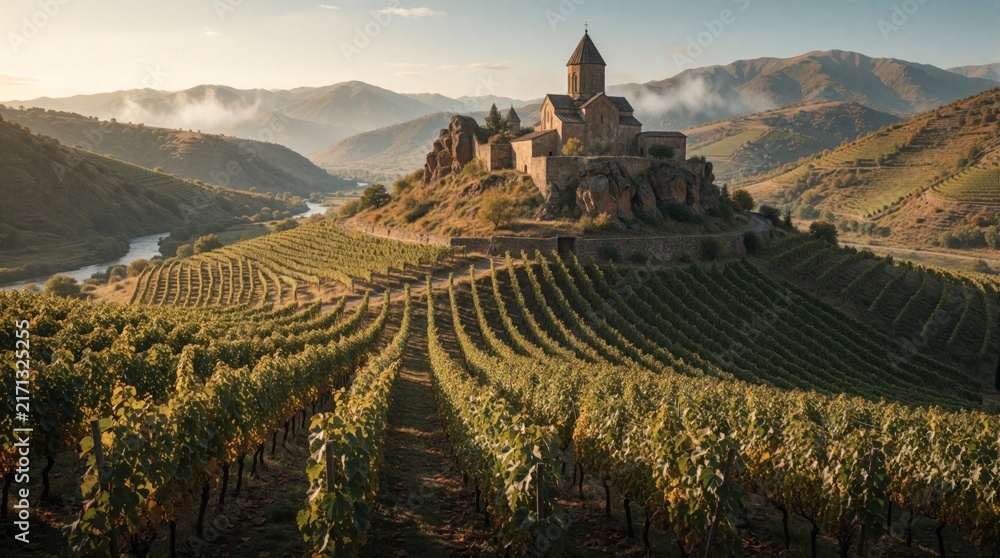 Fototapeta premium Ancient stone monastery sits atop a hill amidst rich vineyards on rolling hills. A river flows nearby under a hazy sky. This scenic landscape offers a glimpse of rural life and winemaking heritage.