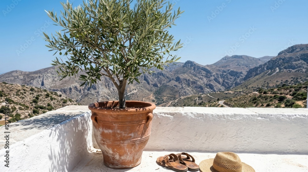 Naklejka premium Potted olive tree on terrace with mountain view