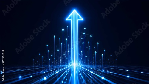 Abstract glowing blue arrows pointing upward from a digital grid, representing technological growth, financial success, and fast data transfer.