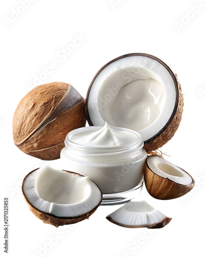 An open glass jar of white facial cream placed with halved coconuts and coconut chunks on a clean white background, for natural organic, skincare advertising isolated on a transparent background