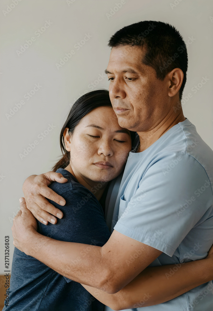 Fototapeta premium Emotional support and empathy, man comforting a sad woman with a gentle hug, relationship and mental health