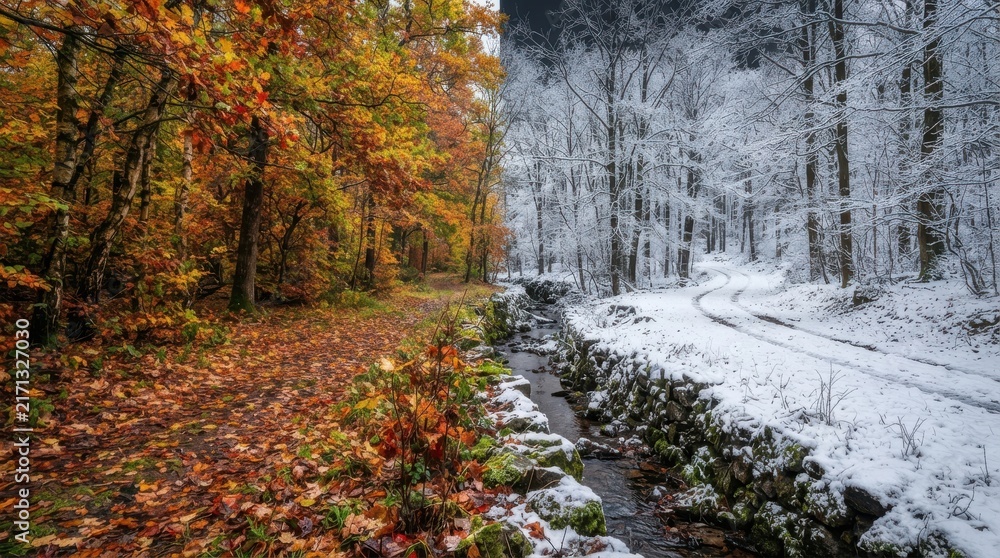 Fototapeta premium Autumn and winter season change in forest landscape with stream
