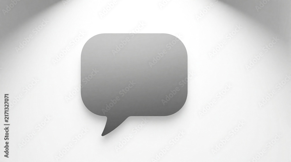 Naklejka premium Minimalist grey speech bubble icon isolated on clean white backdrop. Graphic symbol for chat communication message concepts. Simple abstract shape.
