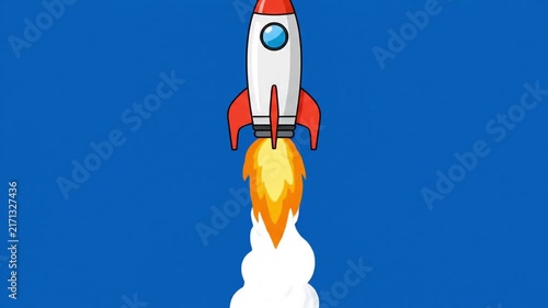 Cartoon Rocket Launching into Blue Sky with Fiery Exhaust.