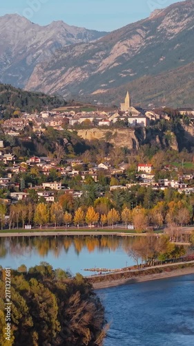 Aerial view of Embrun and Serre-Poncon Lake with the Durance River in autumn. Scenic alpine landscape in the Hautes-Alpes region of the French Alps. France