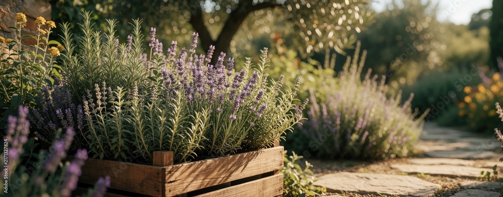 Naklejka premium Fresh rosemary and lavender grow in wooden crate next to stone path. Blooming herb garden offers fragrant plants for cooking and wellness. Nature scene with green leaves and purple flowers.
