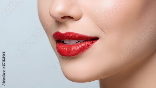 Close up of a woman's face featuring bright red lipstick on her lips, with a slight smile showing teeth