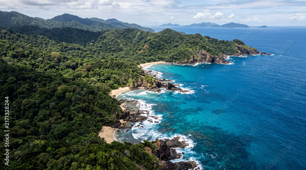 Fototapeta premium Aerial view of tropical coastline with jungle and blue ocean