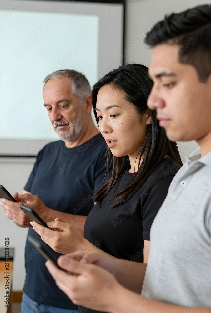 Obraz premium Digital distraction and smartphone addiction, diverse group of people focused on their mobile phones in a modern classroom setting
