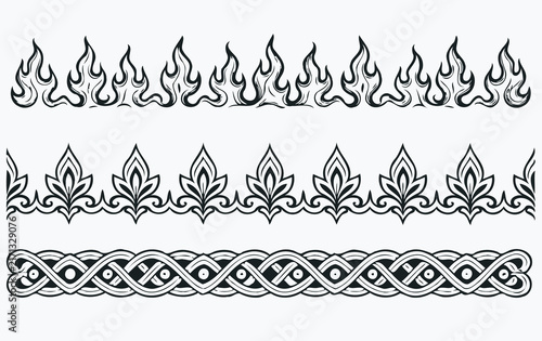 Set of silhouettes borders. Twisted Decorative Elements. Fire flames Swirls Black and white illustration. Ornamental Hand drawn doodle. Intertwined, Spiral motifs Scribble Line. 