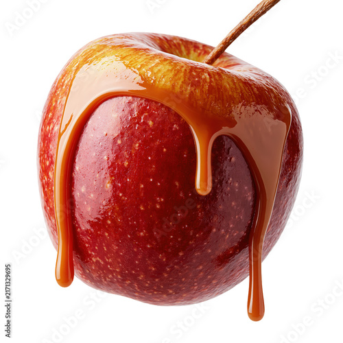 Luxurious deep crimson caramel apple with rich golden drips and silky glossy finish isolated on transparent background for premium chocolate brand content